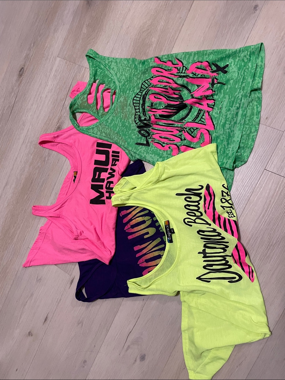 Neon Beach & Island Graphic Tank Tops - Pink, Green, Yellow - Assorted  Pack